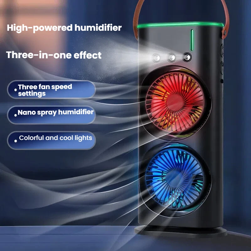 Dual-Head USB Desktop Standing Misting Fan with Triple-Hole Colorful Lighting Seven Adjustable Colors for Outside Travel Room