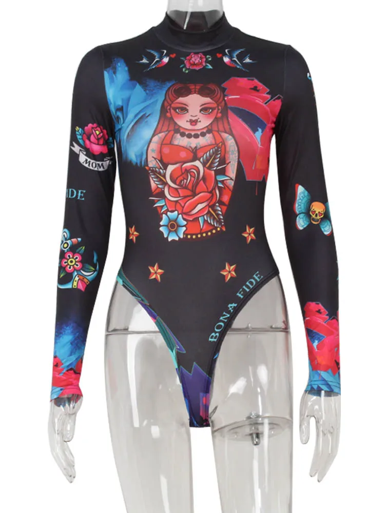 CNYISHE Y2K-body Sexy con estampado de dibujos animados para mujer, monos de manga larga con cuello medio alto, monos de moda para mujer, Tops