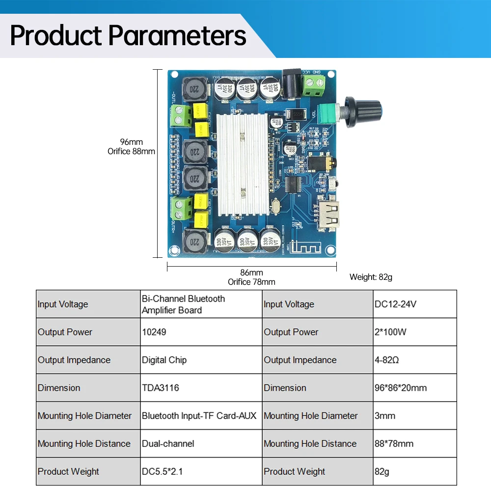 TPA3116 Bluetooth Verstärker Bord BT5.0 Digital Dual-Kanal 2*100W High Power Sound Audio Verstärker Modul USB AUX Eingang – Detail 4