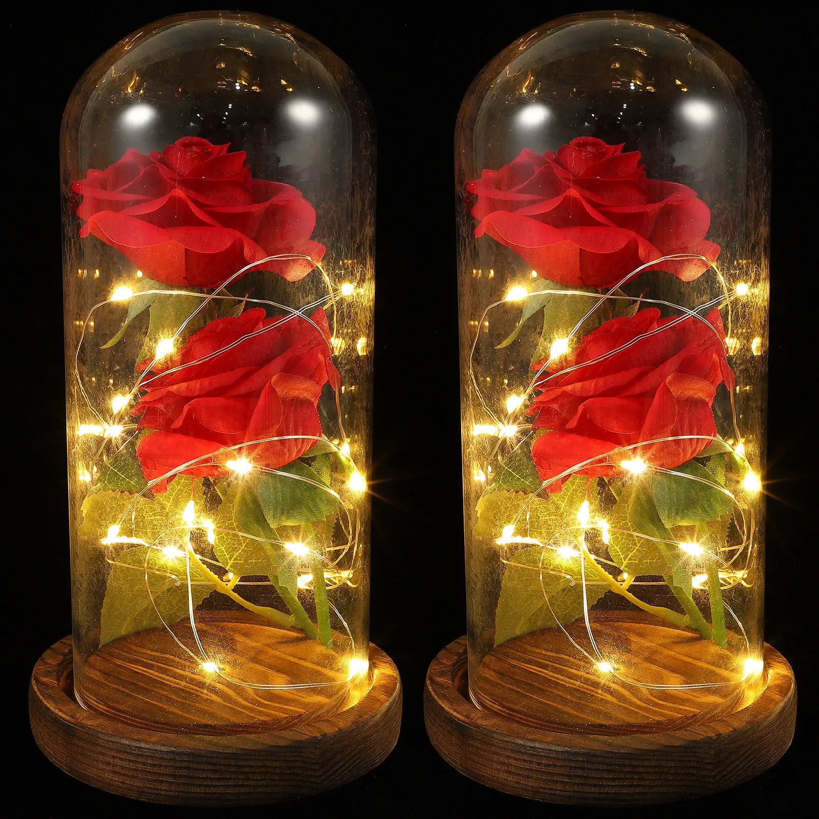 

2 Artificial Rose Flower with LED Lights Preserved Glass Dome Lamp for Desk Decoration Warm Romantic Atmosphere Powered