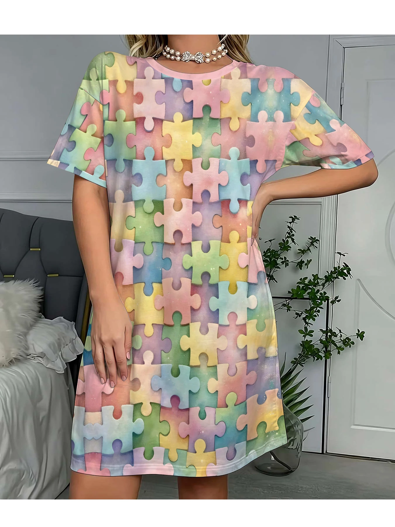 Women's Round Neck Short-Sleeved Dress, Macaron Gradient Watercolor Puzzle Block All-Over Print, A-Line Casual Dress