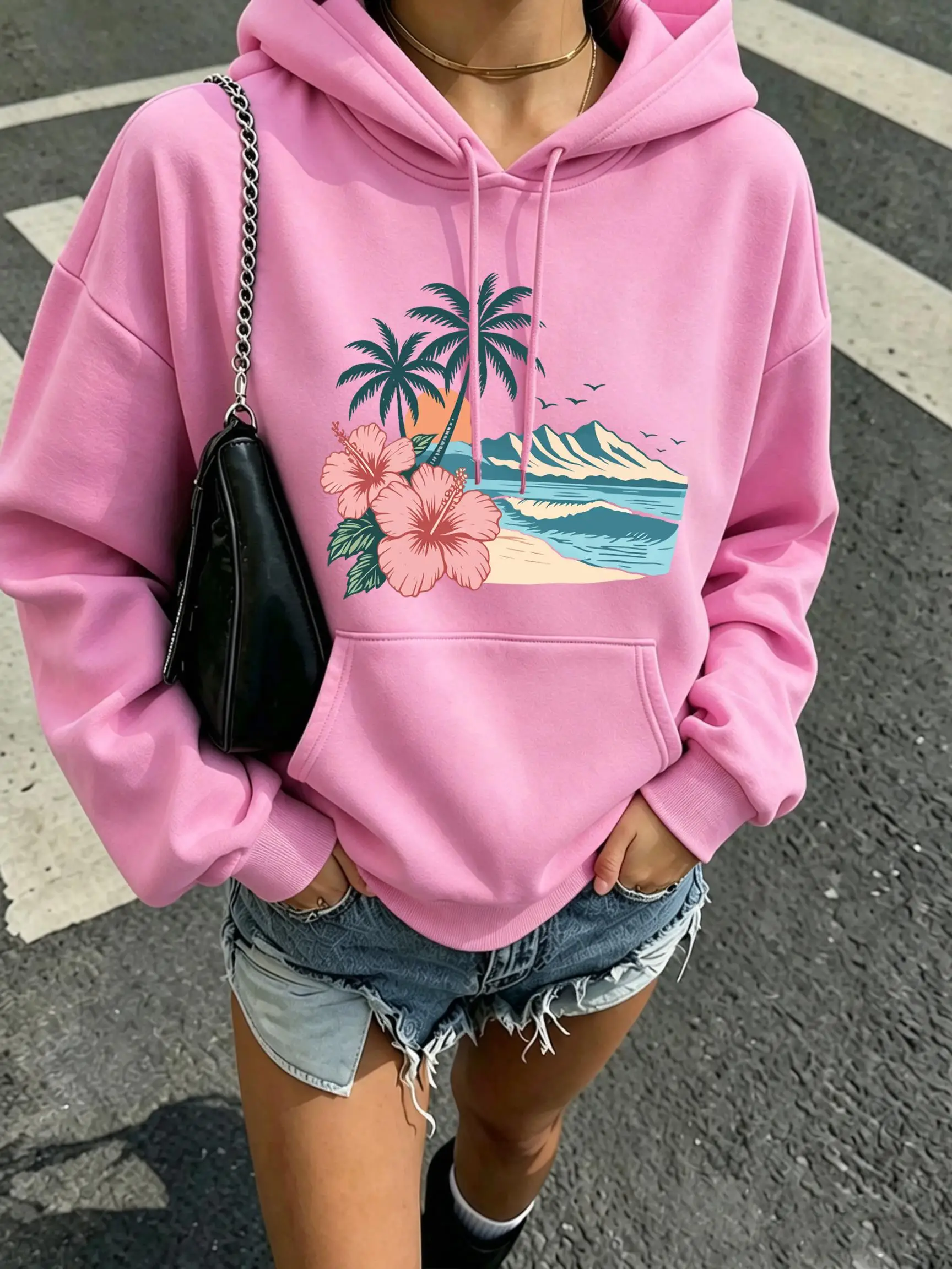 Creative Beach Coconut Tree Printing Hoody Women Loose Fleece Hoodies Autumn Korean Sportswear All-Match Pocket Clothing