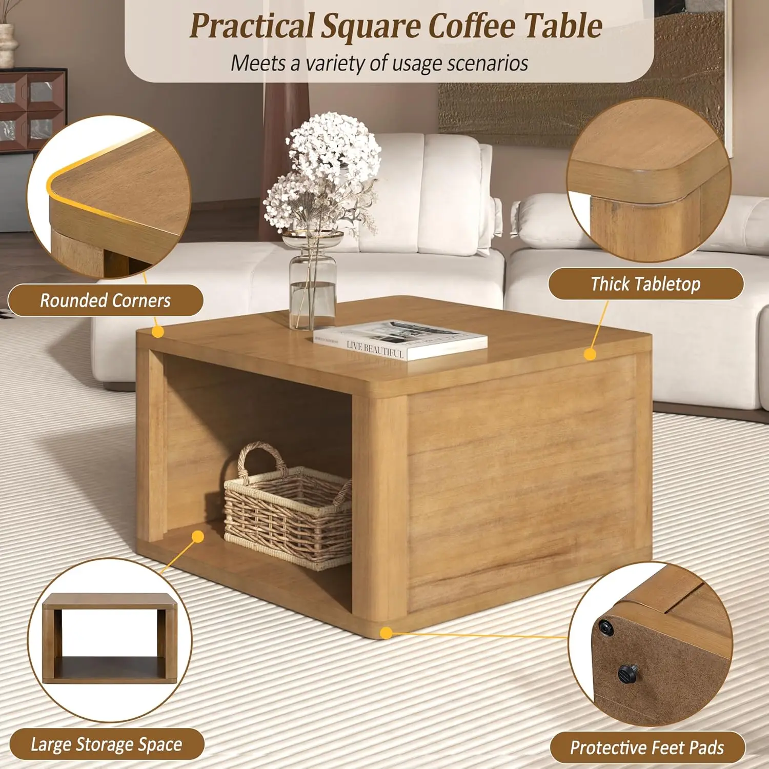 Modern Rustic Natural Small Square Coffee Table - Wood Center Table with Open Storage Compartment,for Living Room Reception Room
