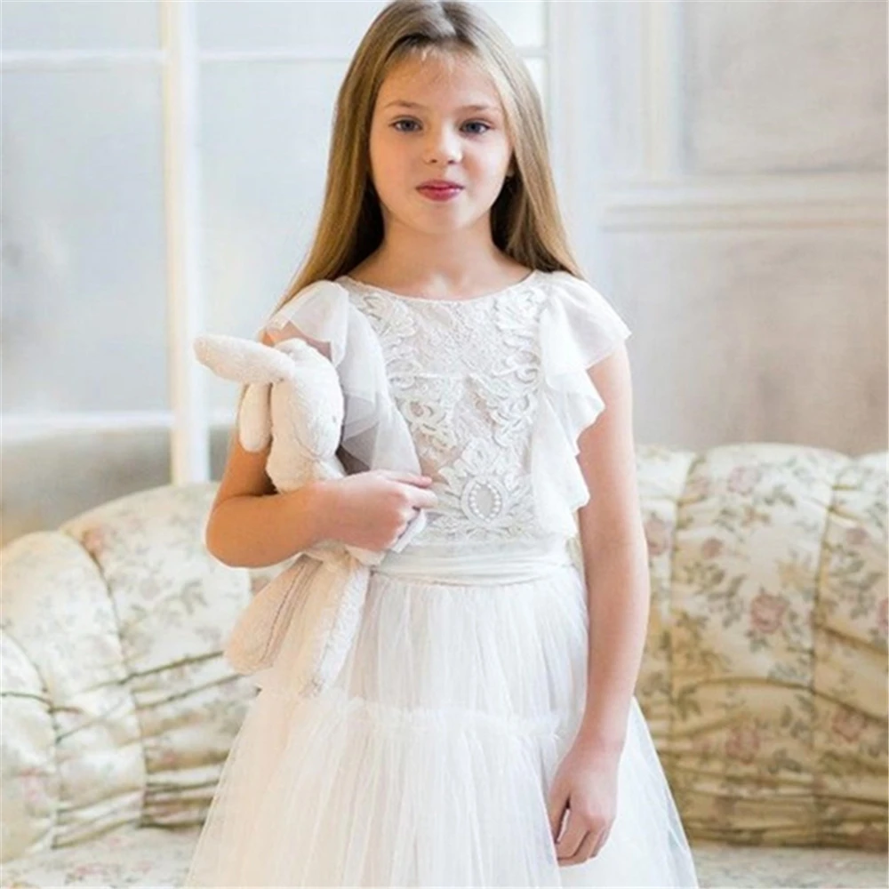 Fashion Short-sleeved Tulle Lace Printing Kids Surprise Birthday Present Flower Girl Dress Princess Ball First Communion Dresses