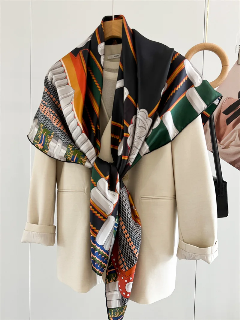Saddle Print Silk Scarf Luxury Designers Hand-rolled Edges Large Shawls Women Bandanas Accessories Belt Hair Neck Decorations view 3