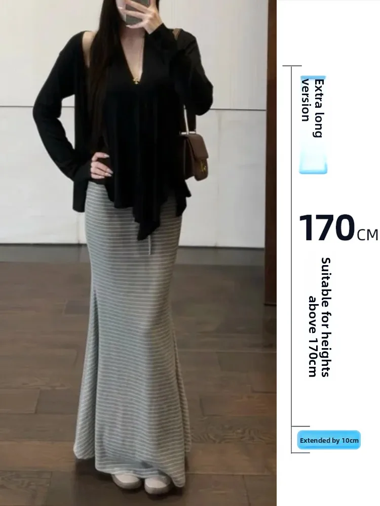 

Белая полосатая юбка-рыбка с завышенной талией для женщин, облегающая, эластичная, в корейском стиле, с поясом, для офиса