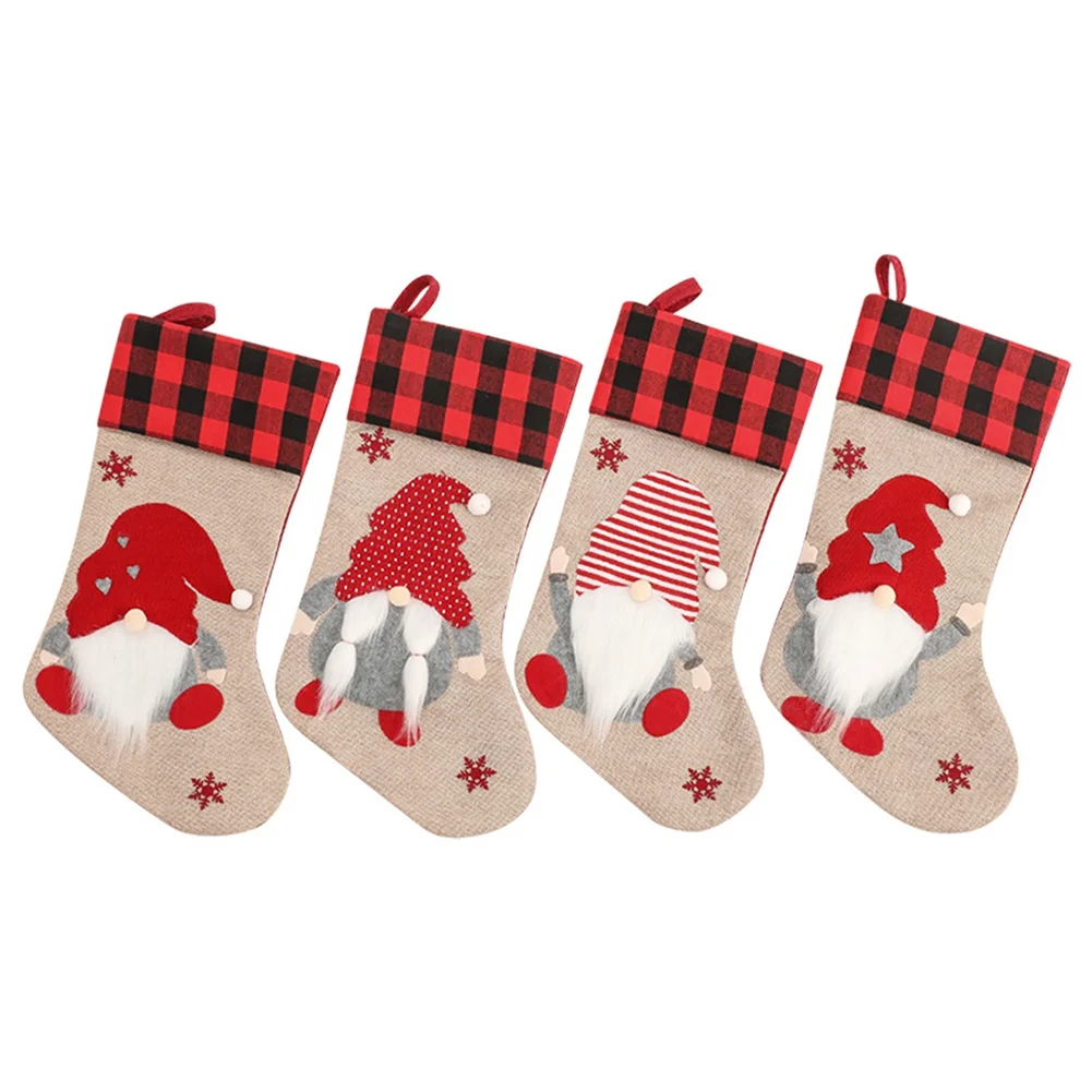 

1/4 PCS Red and Black Plaid Print Christmas Pattern Hanging Christmas Stocking Christmas Gift Candy Decoration Stocking