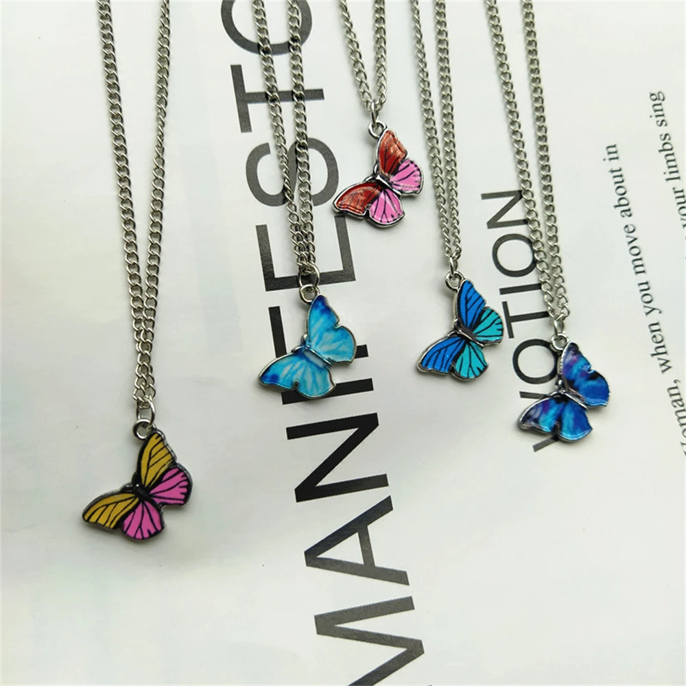 Fashion Blue Butterfly Pendant Necklace Bohemian Styles Golden Color Clavicle Chain Choker Women Girls Wedding Party Jewelry