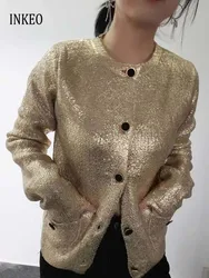 Metallic knit effect cardigan Women's Gold Round neck long sleeves sweater Slim 2025 Spring Autumn jacket Fashion INKEO 4O105