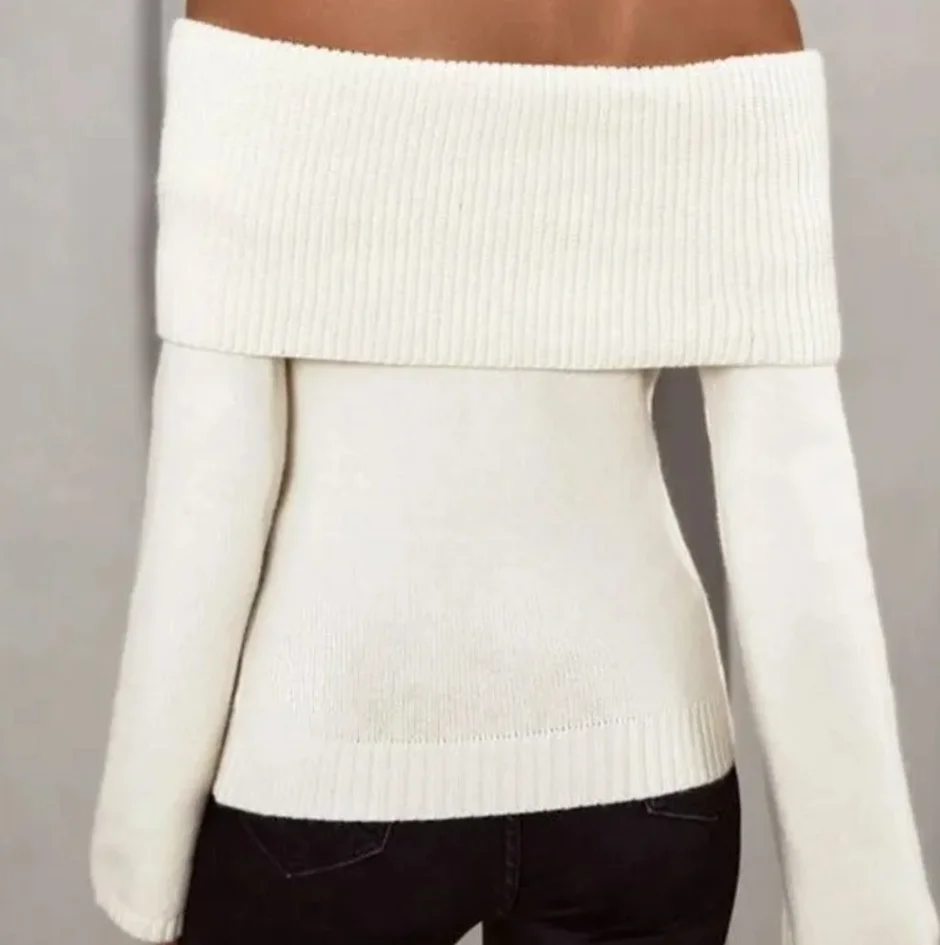 American European New Fashion Women's Slim Solid Color Simple Basic Casual Trendy Slash Neck Long Sleeve Knitted Sweaters Female