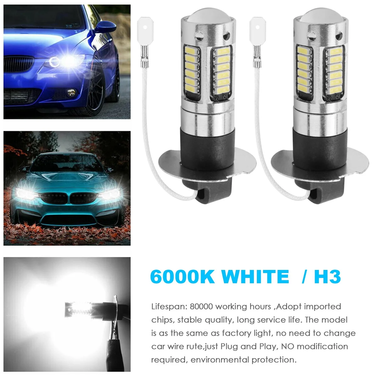 H3 Kit lampu kabut LED Super terang, Kit bola lampu DRL 6000K putih 2 buah