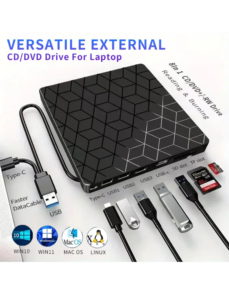 Lecteur CD externe 7 en 1, graveur de DVD USB3.0 et Type C, lecteur optique CD RW, enregistreur DVD, lecteur Portable pour ordinateur Portable et de bureau