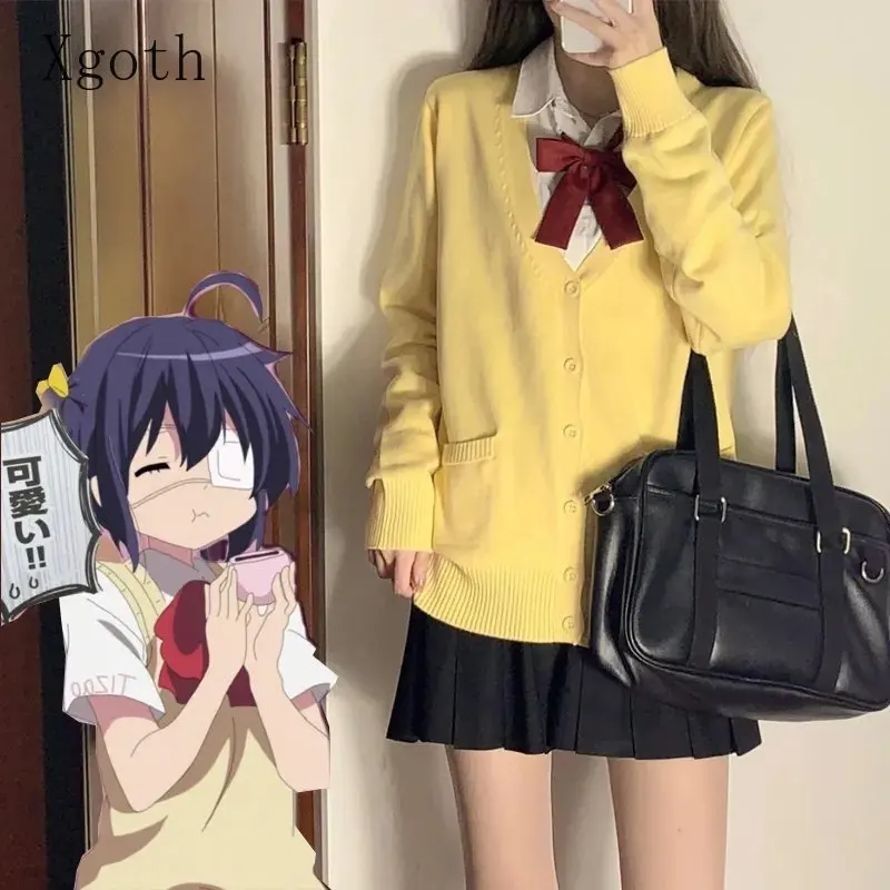 Xgoth Original Anime Yellow Jk Uniform Sweater Jacket Spring Cherry Soft Sister Knitted Cardigan Genuine College Style Jacket