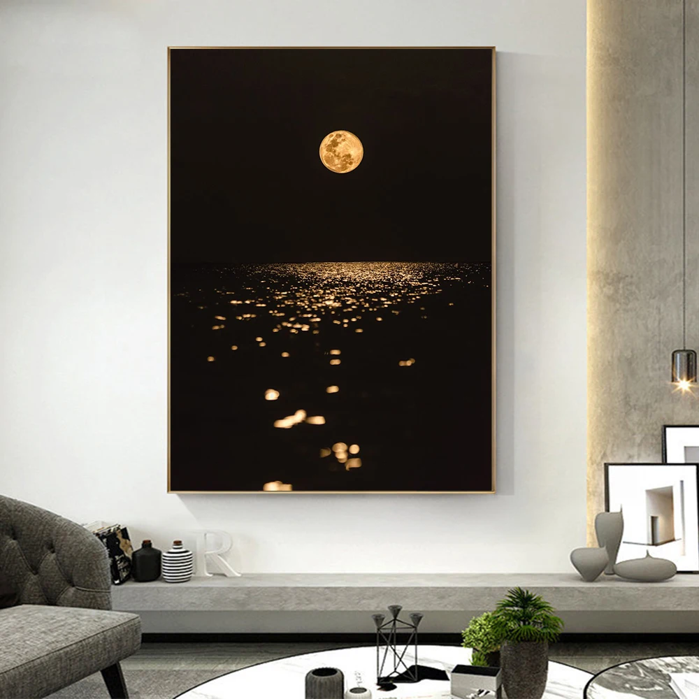 Moon Over Ocean Photo Canvas Print Wall Art Poster Shimmering Night Nature Scenery Picture for Living Room Home Decor Cuadros