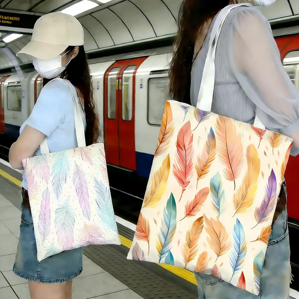 Soft Elegant Cartoon Feather Pattern Storage Bags Lightweight Canvas Tote Bag Portable Shopping Convenient
