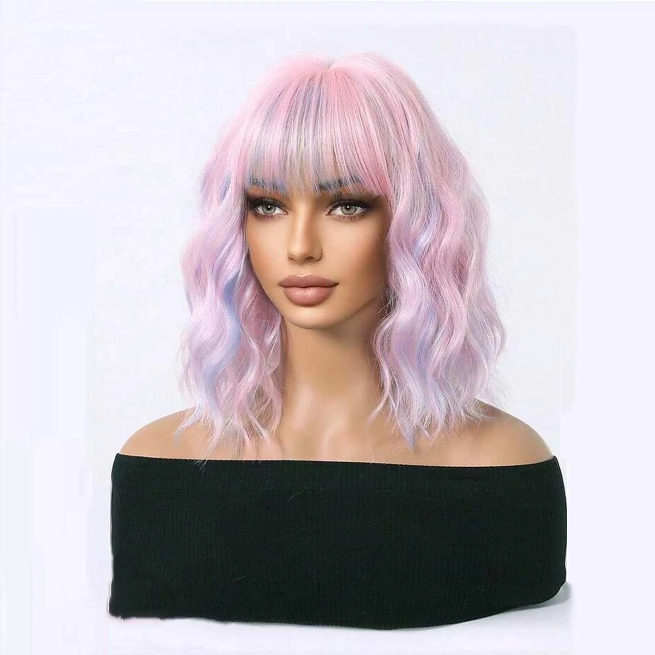 14Inch Pink Mixed Purple Double Color Synthetic Wigs With Bang Short Wavy Hair Wig for Women Daily Use Cosplay Heat Resistant