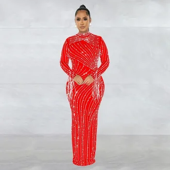2025 New Women Mesh Tassel Long Sleeve Diamonds Hot Rhinestones Bodycon Midi Maxi Long Dress and Tank Inner Dresses 2piece Suit 2