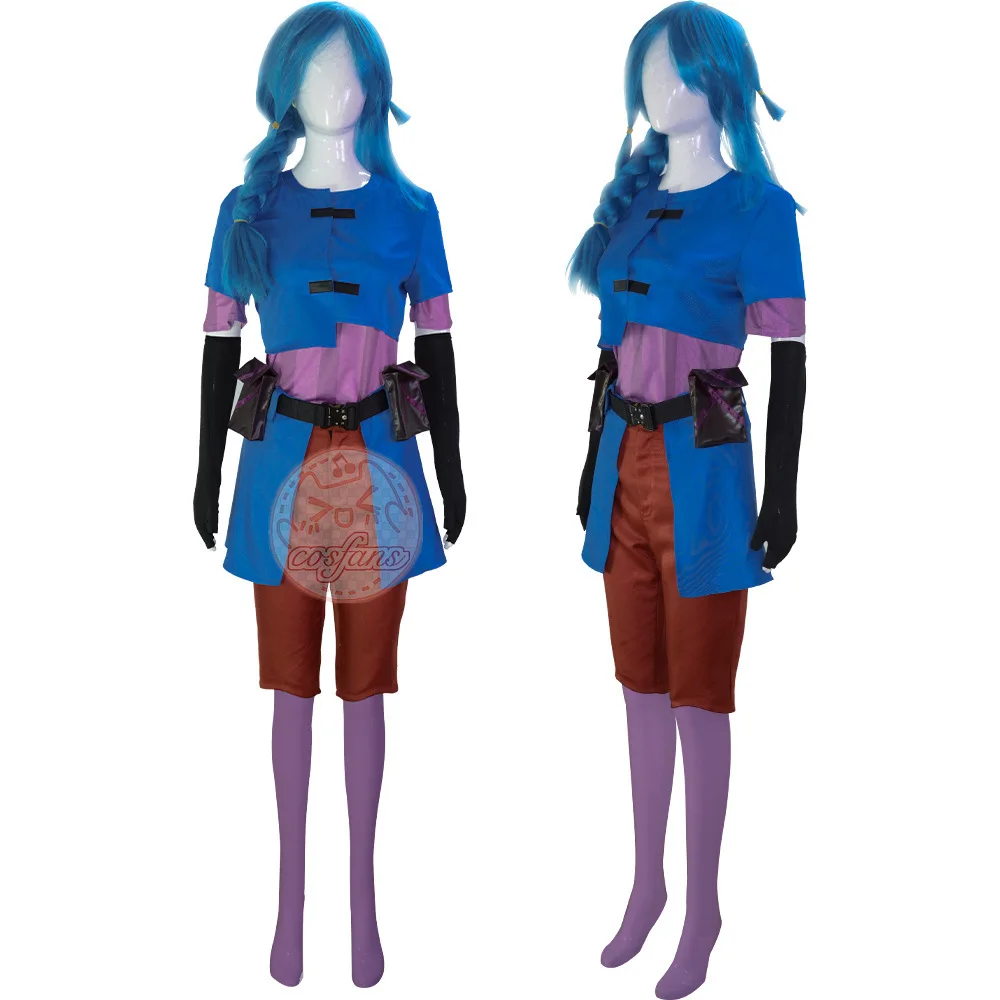 Anime Game LOL Arcane Powder Cosplay Jinx Junior Childhood Costume Uniform Blue Coat Pants Accessories For Girls - view 3
