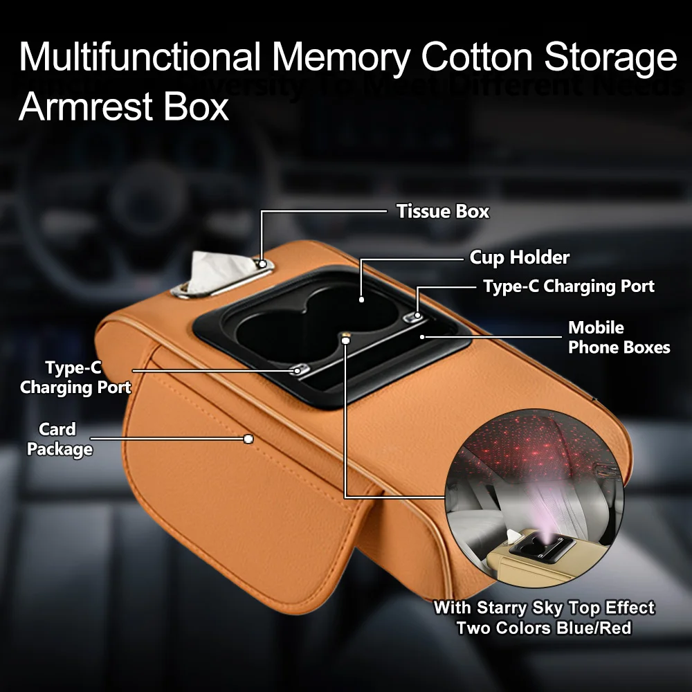 

Car Center Console Armrest Box Starry Sky Roof Height-Increasing Car Mat Multi-Functional Tissue Storage Box For Vehicles