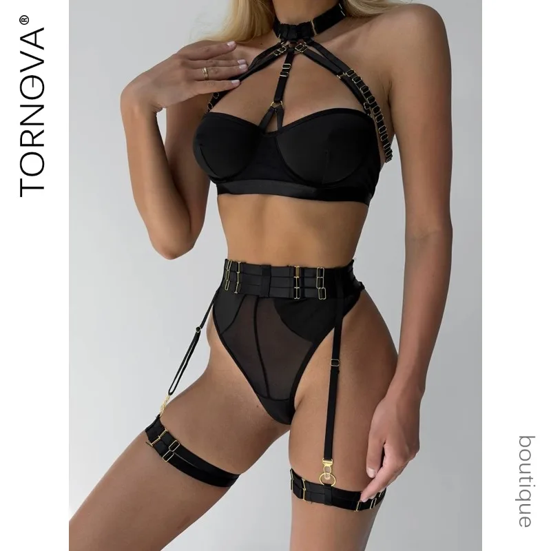 

Tornova3PCS Women Solid Color Laceup Patchwork Hollow Out Sexy Underwear Lace Wrap Dress Irregular Backless Interesting Set
