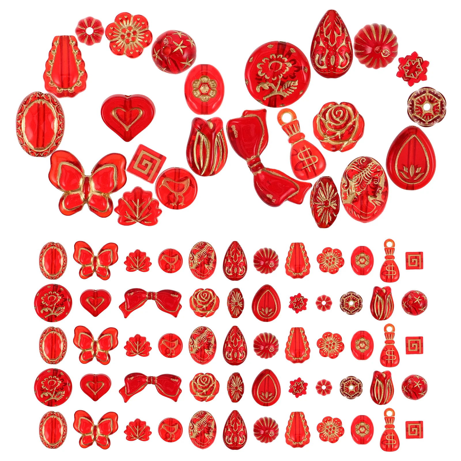 1Set DIY Jewelry Craft Supplies Transparent Red Beads Golden Plated Vintage Floral Leaf Butterfly Teardrop Beads for Necklace