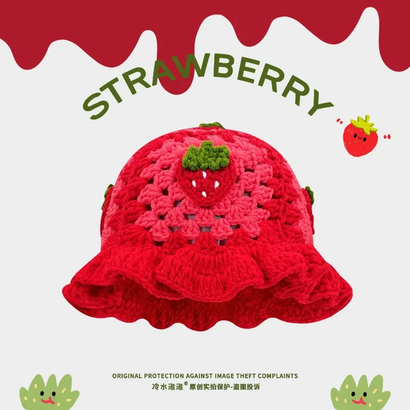 

Korean Cute Sweet Strawberry Hollowed Handmade Knitted Basin Cap Women's Spring and Autumn Versatile Dome Breathable Bucket Hat
