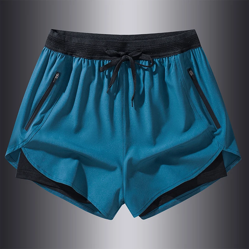 Summer Men Thin Style 2024 New Fake Two Pieces Solid Color Elastic Waist Zipper Pants Casual Motion Drawstring All-match Shorts