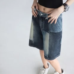 DAYIFUN-Women's Knee-Length Denim Shorts Straight Leg Pants Minimalist Fashion Splicing Design Jeans Summer Instagram New Pants