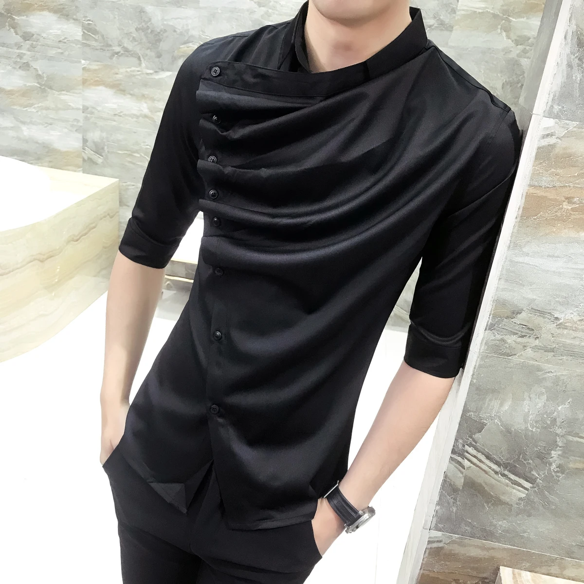 2018 Summer Gothic Shirt Ruffle Designer Collar Shirt Black And White Korean Men Fashion Clothing Prom Party Club Even Shirts