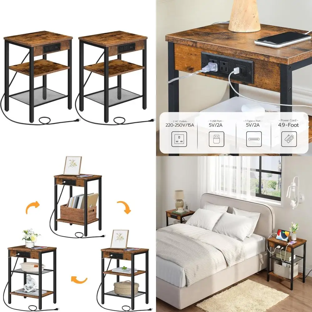 

Набор из 2-х прикроватных тумбочек с USB-портом, компактные 3-ярусные тумбочки для небольших помещений, цвет: рустик-коричневый