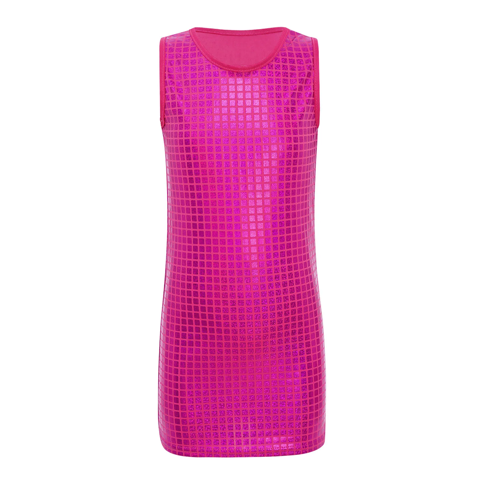 Kids Girls Shiny Metallic Plaid Dance Dress Round Neck Sleeveless Tank Dress Ballroom Retro Disco Jazz Dance Performance Costume