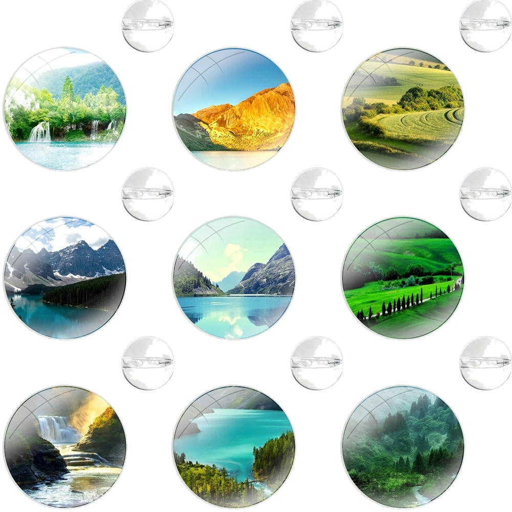 Glass Dome Brooches Shirt Lapel Bag Cute Badge Pins For Clothes Hat Accessories Magnificent Nature Scenery