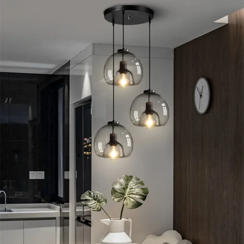 American Vintage Glass Led Ceiling Chandelier E27 Black Pendant Lamp Living Dining Room Kitchen Bedroom Modern Gray Art Light