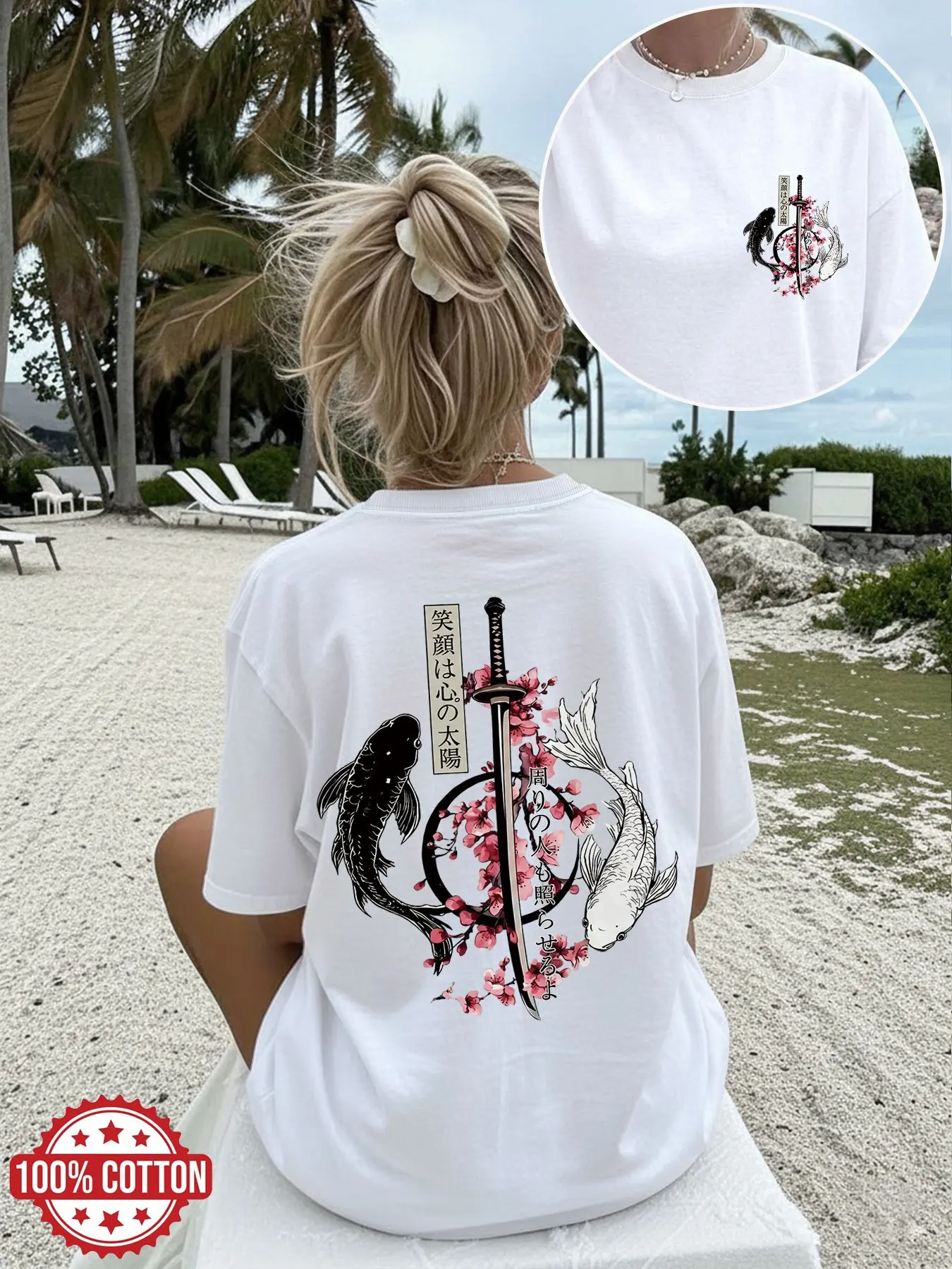 Women'S Fashion Top Ladies' Summer Wear Ancient Style Sword Fish Flower Chinese Style Printed Round Neck Short Sleeve