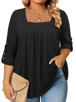 Blusa de talla grande de verano 1XL-5XL a la moda de Color sólido con cuello cuadrado para mujer, blusa informal de verano de Color sólido, Tops