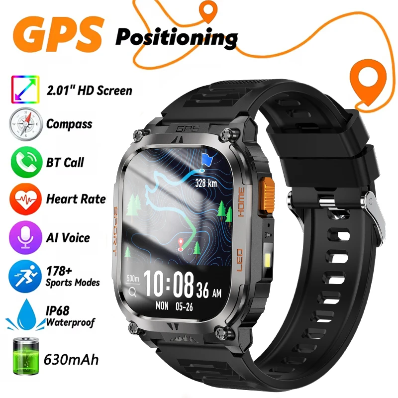 

Military Smart Watch for Men Women Built-in GPS LED Flashlight IP68 178+Sports Fitness Modes Heart Rate Blood Oxygen Monitoring