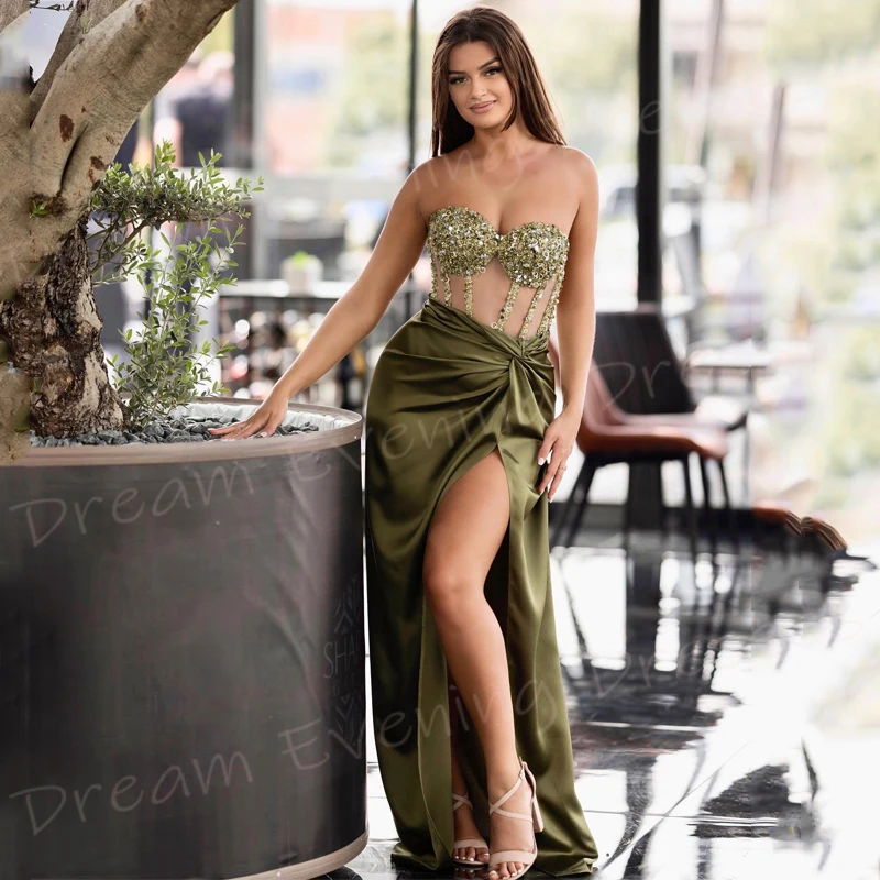 Vestido de noche verde clásico para mujer, sin tirantes de sirena traje Sexy, con cuentas, sin mangas, con abertura lateral alta