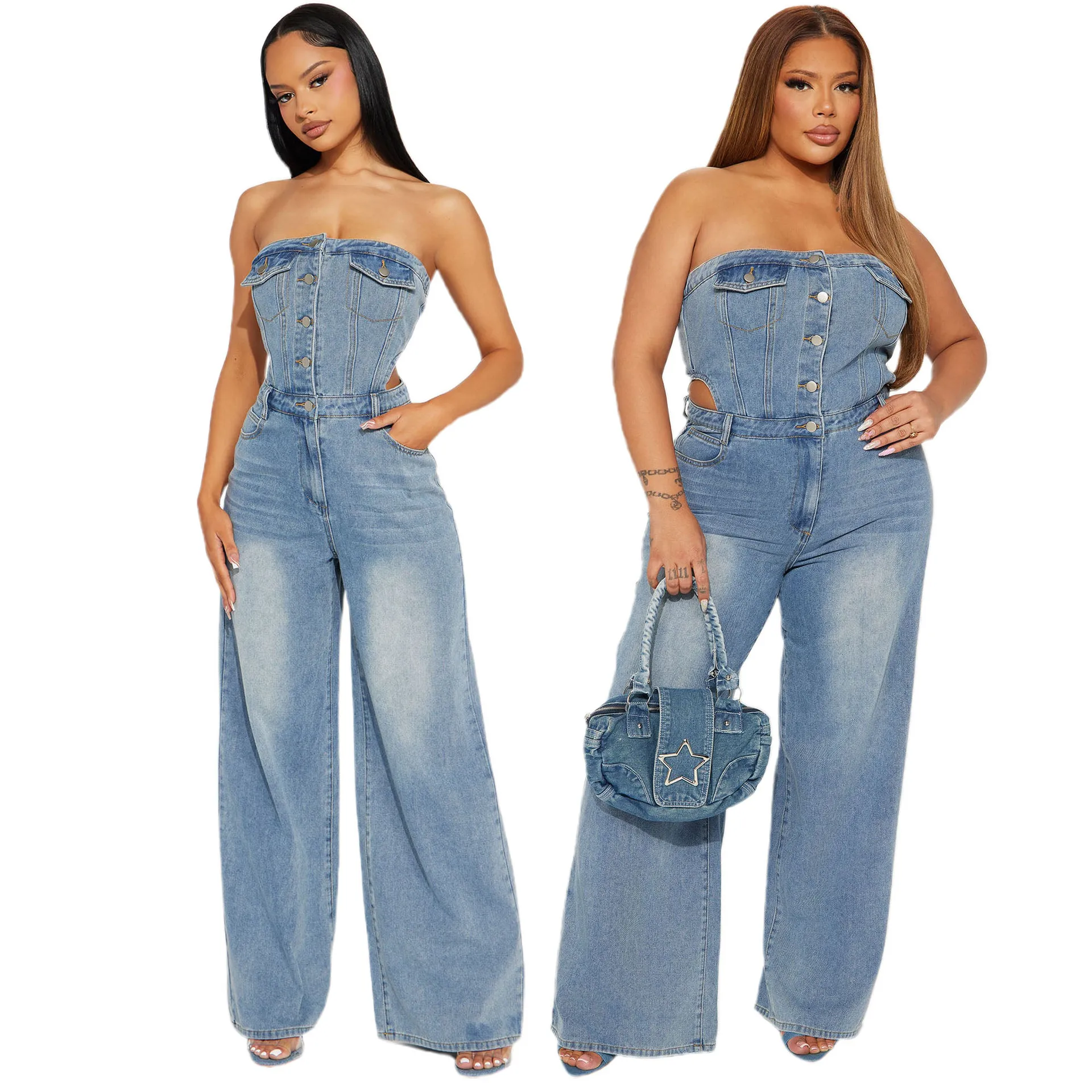 

Women Jumpsuit Summer Sexy Sleeveless Strapless Hollow Out Elastic Denim Straight Jumpsuit Casual Lady Wide-Leg Jeans Jumpsuit