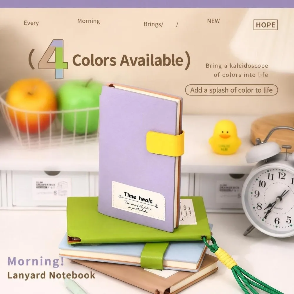 Cute A6 Notebook Lined Paper with Lanyard Lined Notebook Snap Button Closure Color-blocking Pocket Memo Book Note Taking
