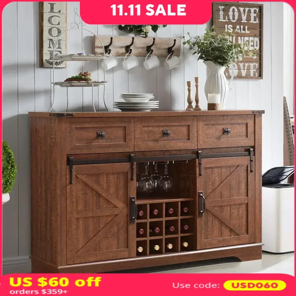 

Wine Bar Cabinet W/Sliding Barn Door, 54" Kitchen Coffee Bar Cabinet W/Wine & Glass Rack, 3 Drawers, Large Buffet Sideboard