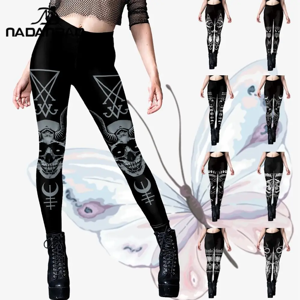 

Nadanbao Woman Leggings Horns Gothic Style Skeleton Totem Cat Print Sexy Tight Trousers Length Elastic Fitness Workout Pants