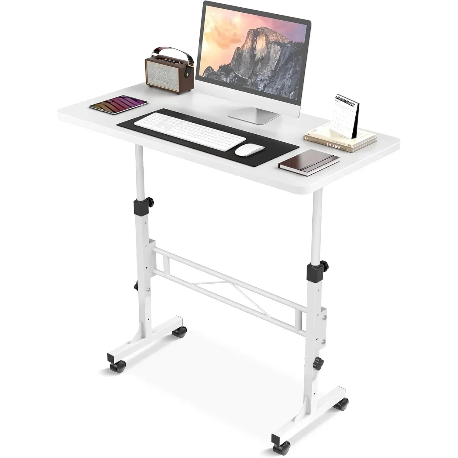 

Mobile standing table with wheels, adjustable height, 32 inch portable rolling table, small computer desk, white