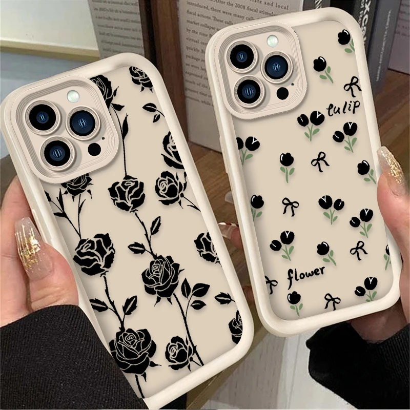 Black Flower Silicone Case For iPhone 16 15 14 13 12 11 Pro Max X XS X S Max XR SE 2020 7 8 Plus Silicone Shockproof Back Cover