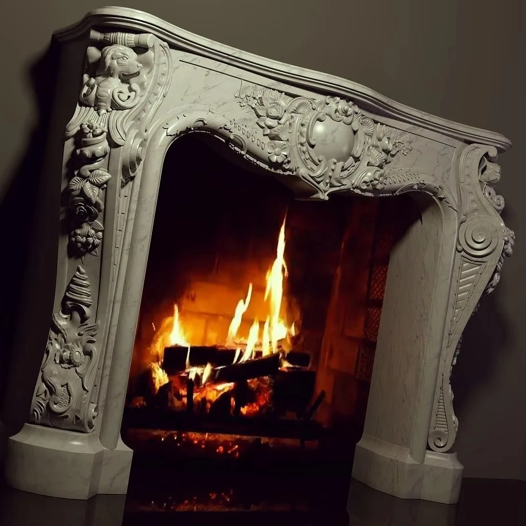 مدفأة من الرخام الفرنسي الطبيعي المنحوت يدويًا تحيط عباءة لديكور المنزل