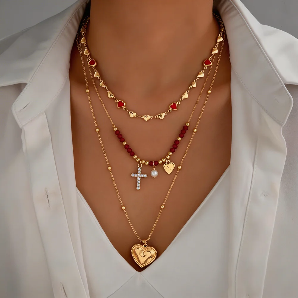 3Pcs Dainty Gold Tone Stackable Necklace Set Red Enamel Heart Crystal Cross Locket Pendant Y2K Aesthetic Jewelry For Women