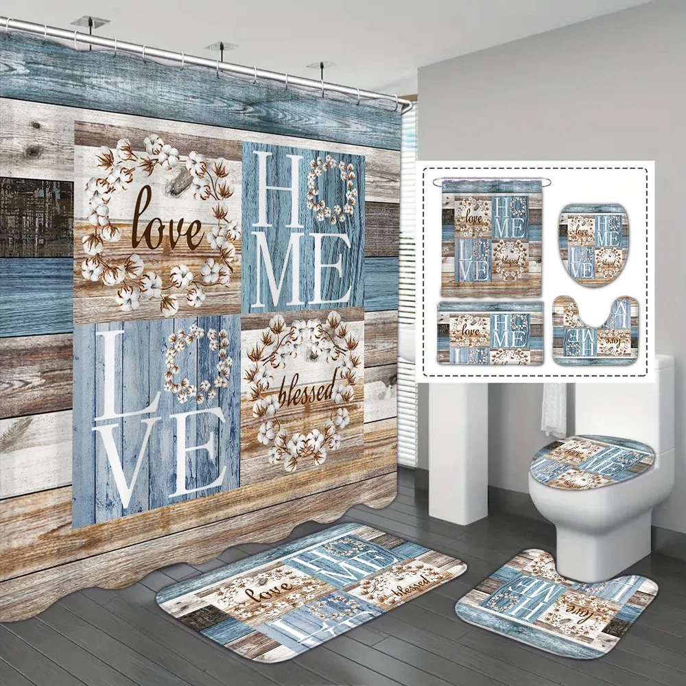 4-piece set of blue brown wooden board HOME printed waterproof shower curtains with 12 hooks, floral patterned curtains, bathroo