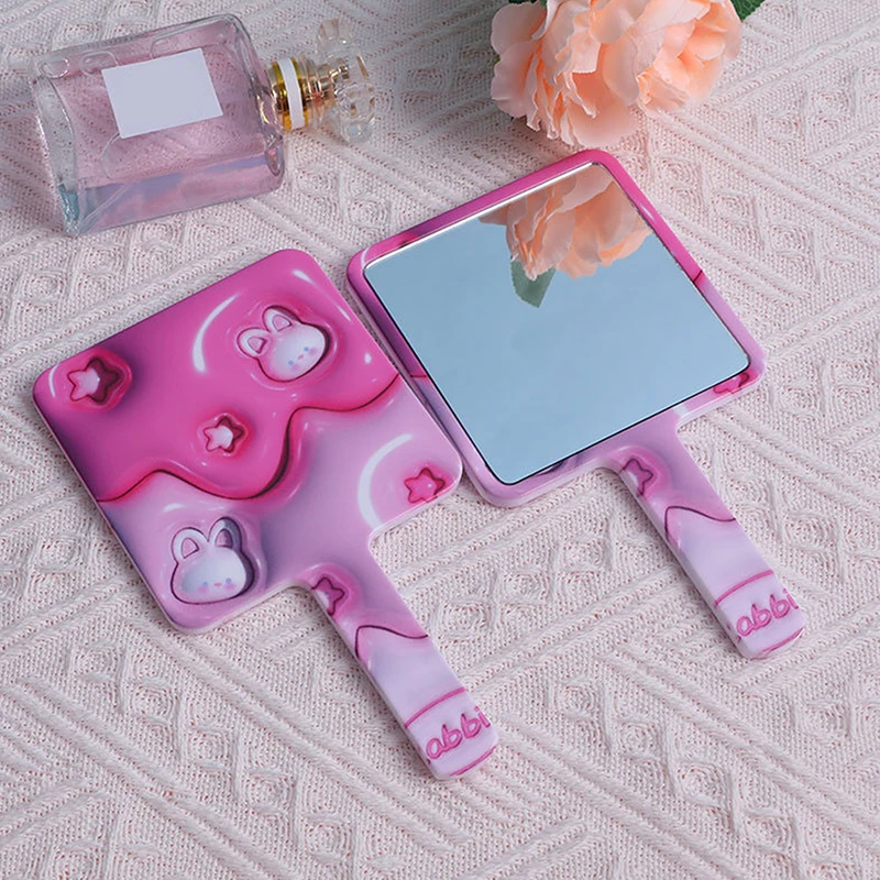 손잡이가 달린 귀여운 만화 토끼 사각형 메이크업 거울, 핸드헬드 메이크업 거울, 스파 살롱 컴팩트 거울, 화장품 거울