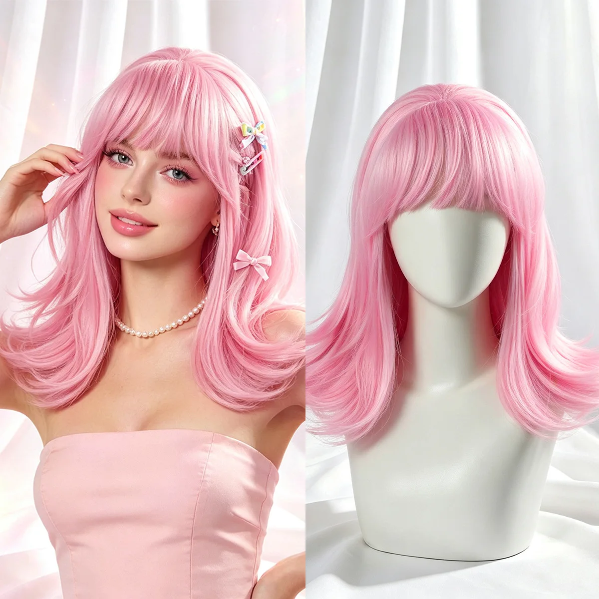 Synthetic Hair Woman's Wig 14inch Pink Wig with Bangs High Quality Wigs Woman Cosplay Natural Looking Wigs for Woman