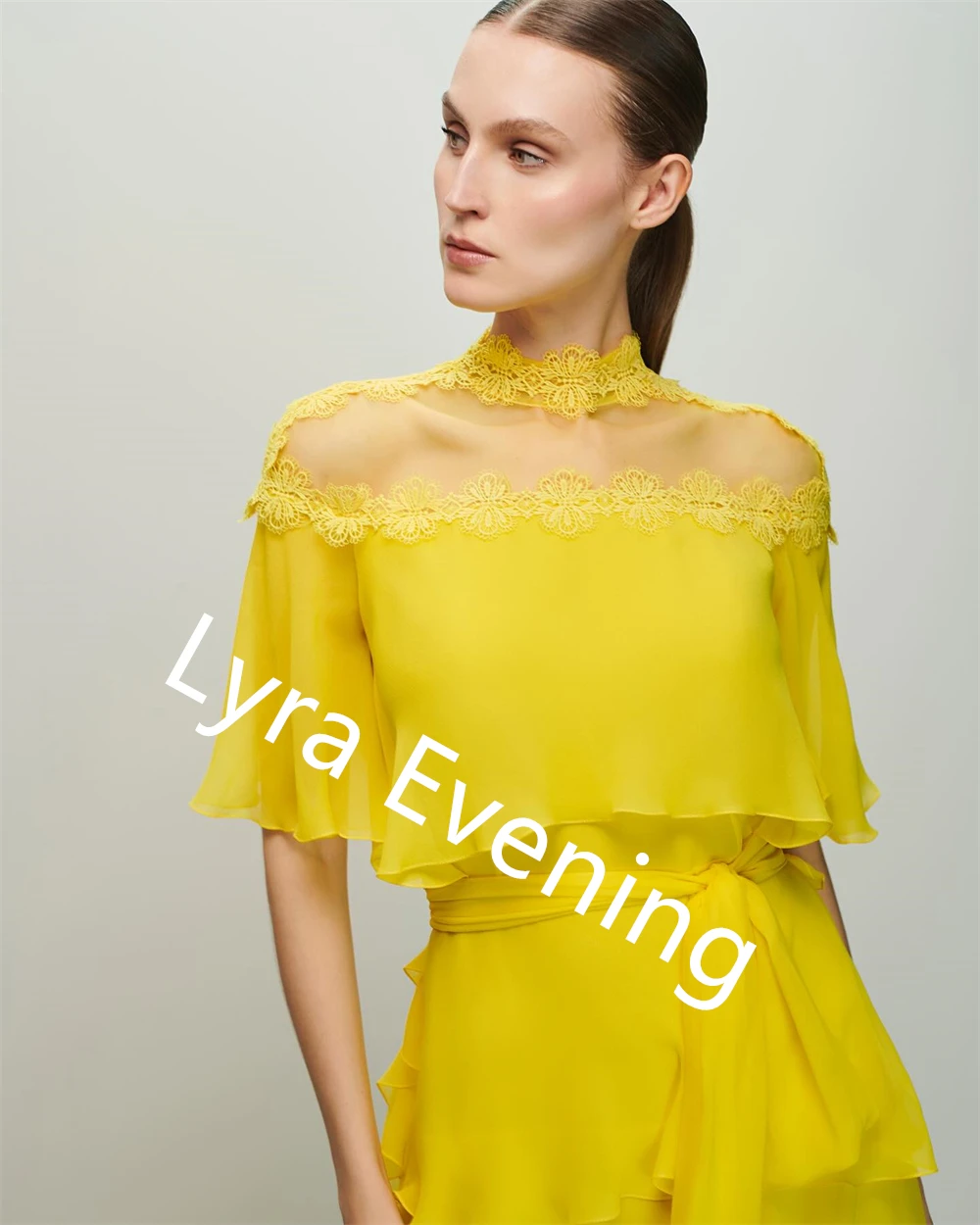 Moda personalizada amarelo chiffon vestido de noite gola alta mangas curtas vestidos de celebridades com zíper voltar vestido de festa moderno