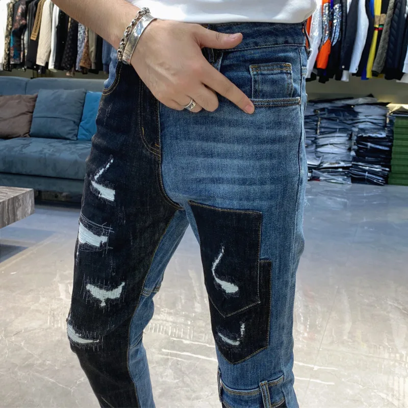 Europe Men Jeans Personalized Stitching Contrasting Colors Jean High Quality Korean Pants Hole Patch Skinny Jean Men Jean Hombre